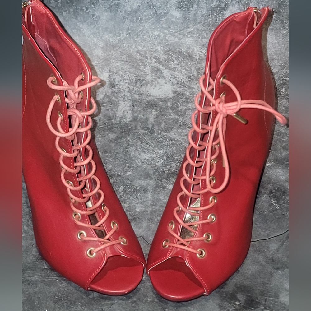 Red lace up peep toe heels
